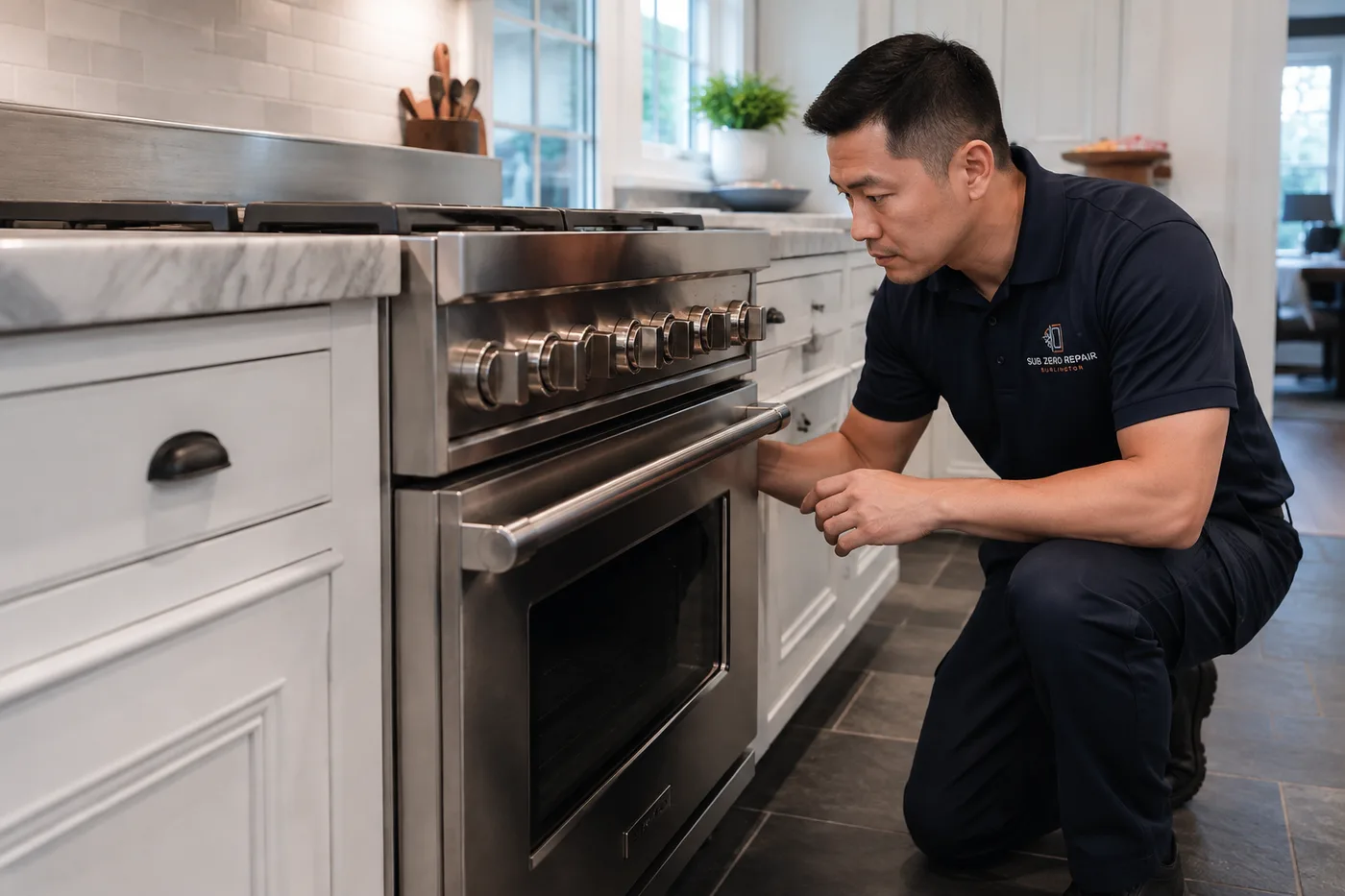 Technician inspecting a premium appliance in a residential kitchen