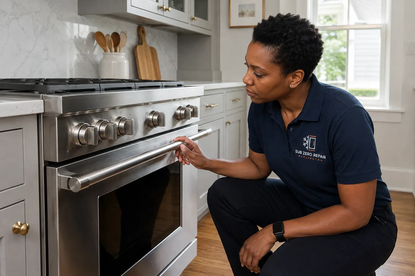 Technician inspecting a premium appliance in a residential kitchen