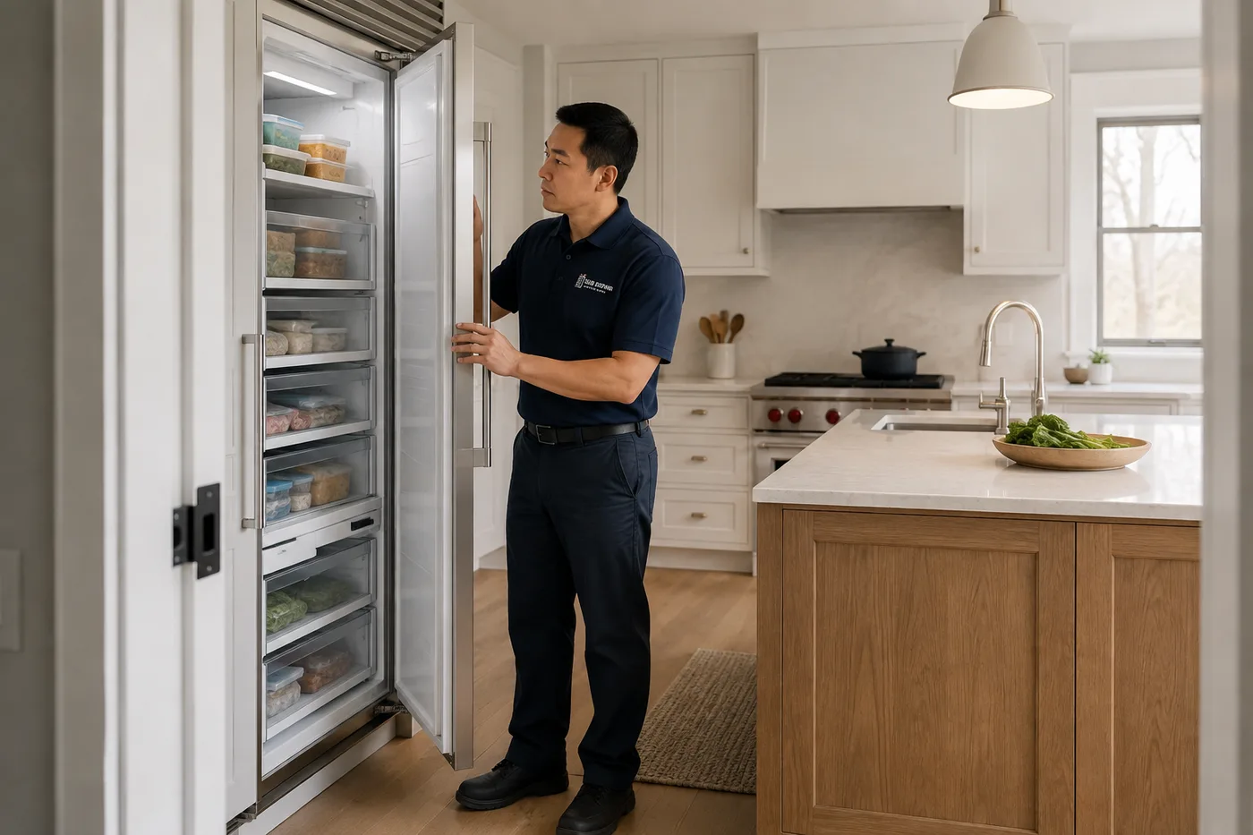 Technician inspecting a premium appliance in a residential kitchen