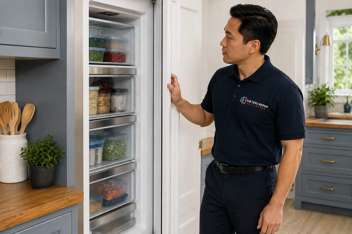 Technician inspecting a premium appliance in a residential kitchen