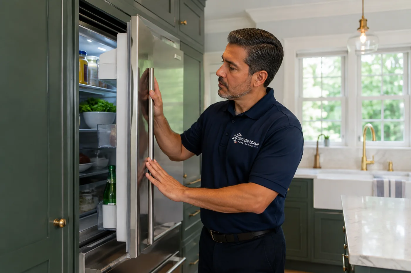 Technician inspecting a premium appliance in a residential kitchen