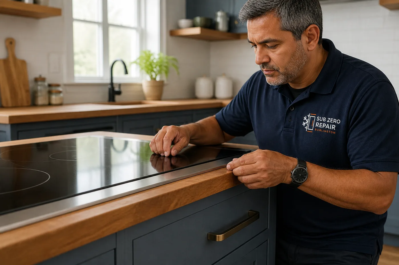 Technician inspecting a cooking appliance in a residential kitchen