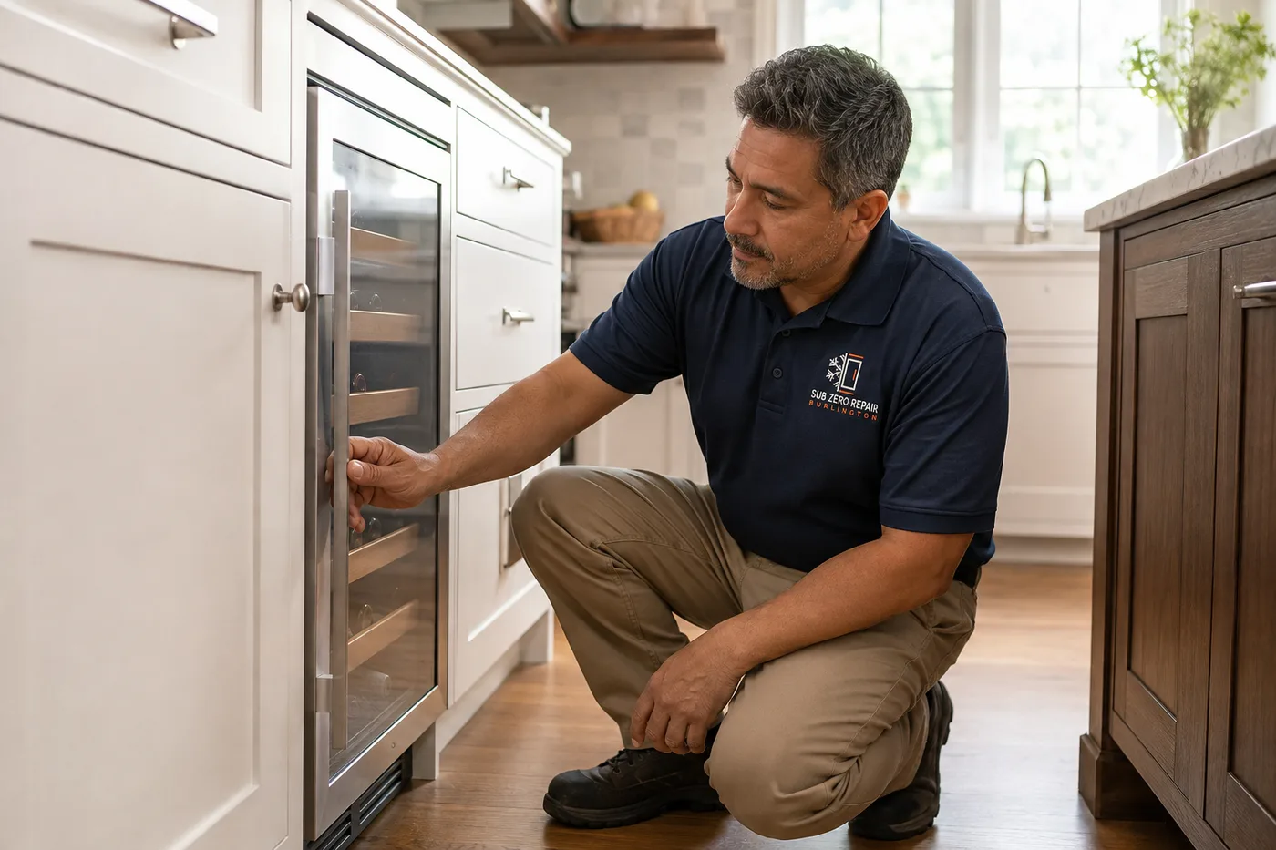 Technician inspecting a premium appliance in a residential kitchen