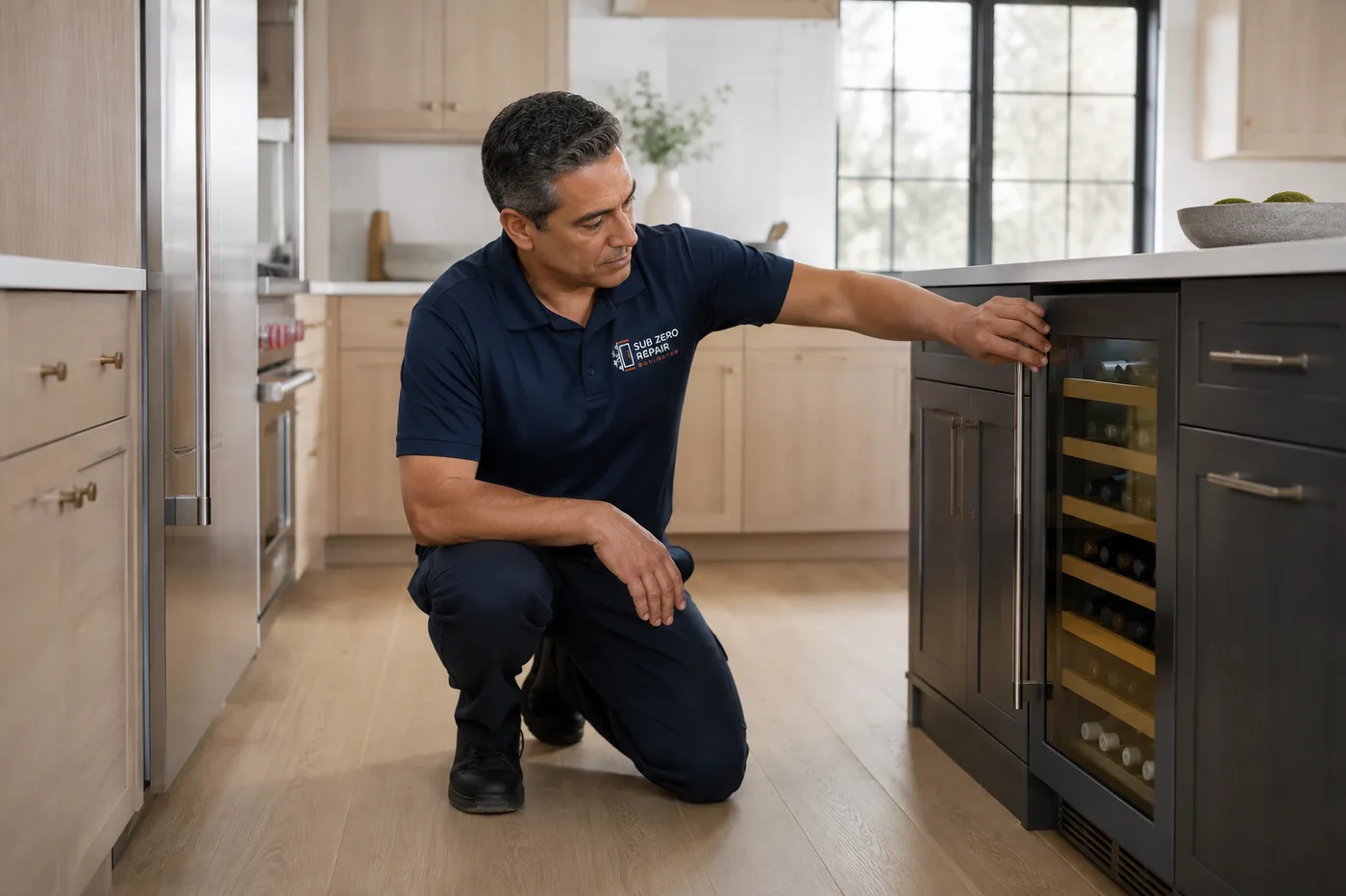 Technician inspecting a premium appliance in a residential kitchen
