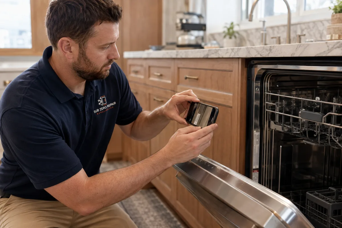 Technician photographing an accessible label beside the dishwasher opening