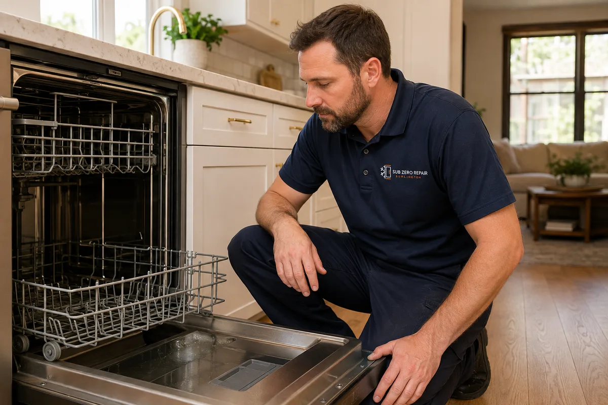 Technician observing an open dishwasher with visible water on the inner door