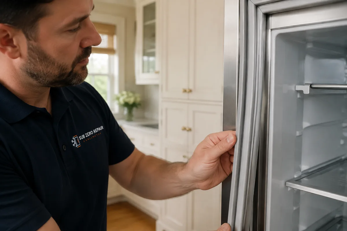 Technician examining the visible gasket of a refrigerator door