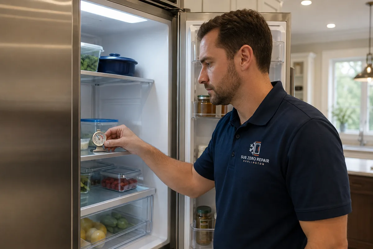 Technician observing temperature conditions inside a built-in refrigerator