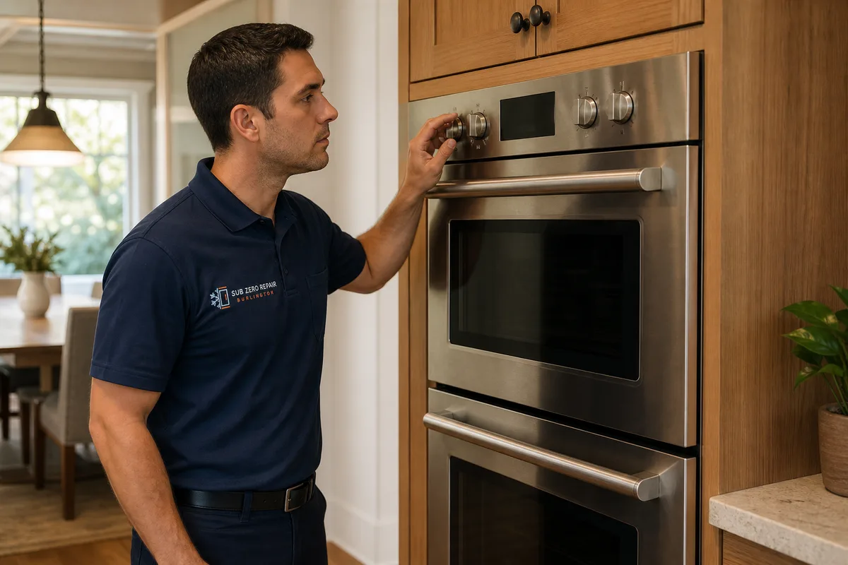 Technician examining the controls of a built-in double wall oven