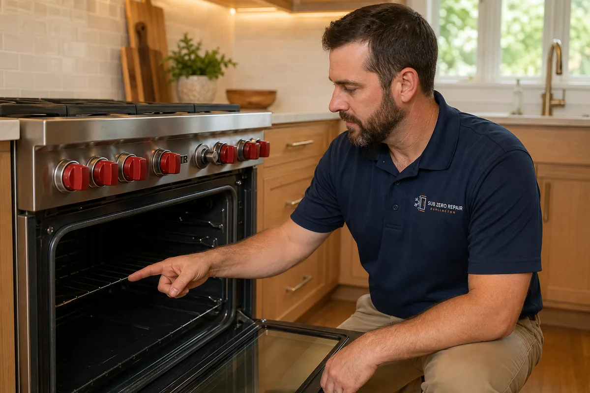 Technician inspecting the cool open oven of a freestanding range
