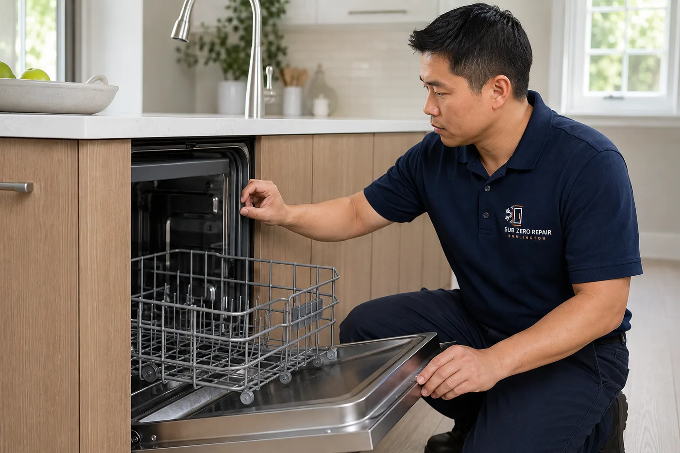 Technician inspecting a dishwasher in a residential kitchen