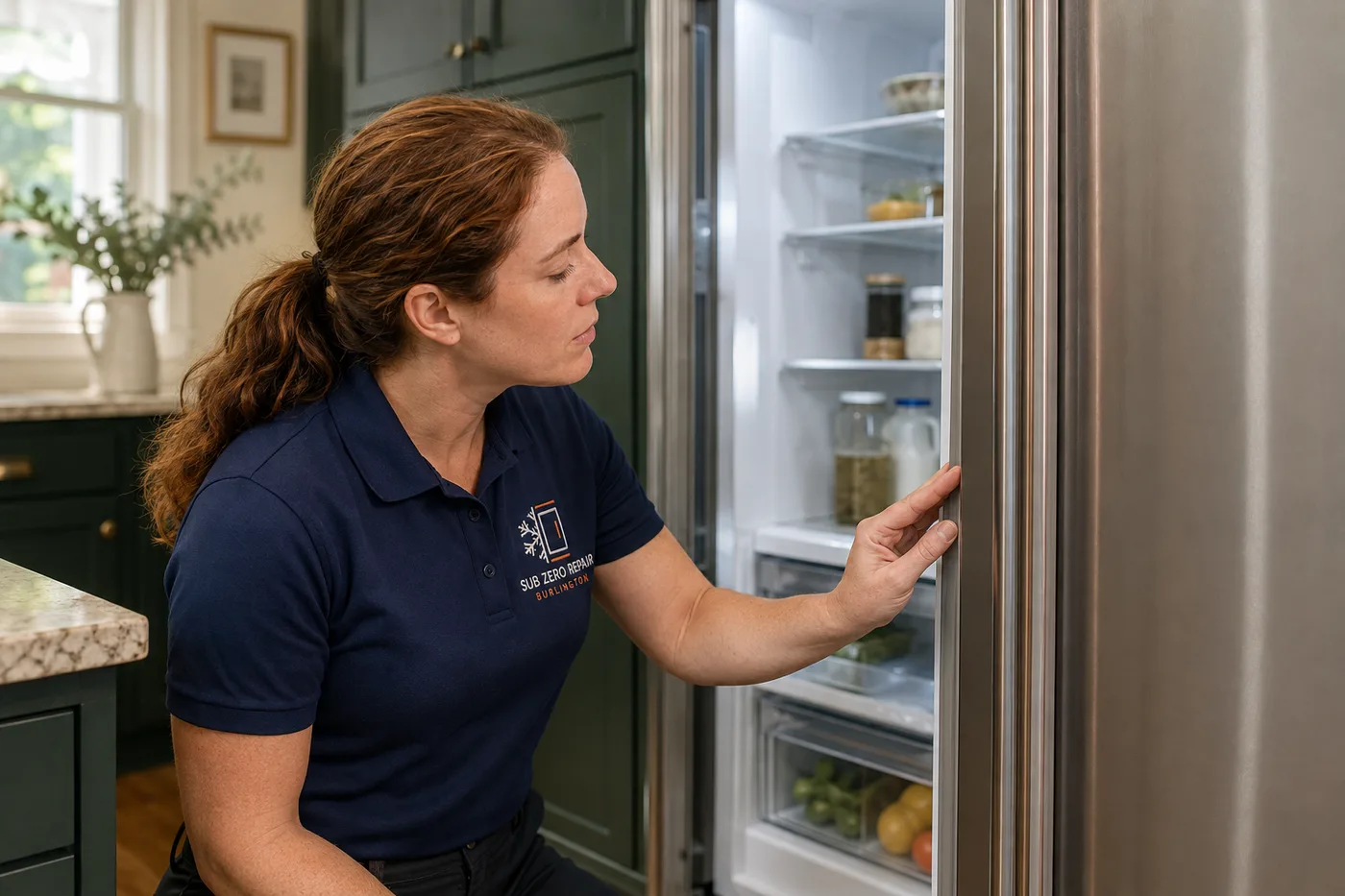 Technician inspecting a refrigerator in a residential kitchen