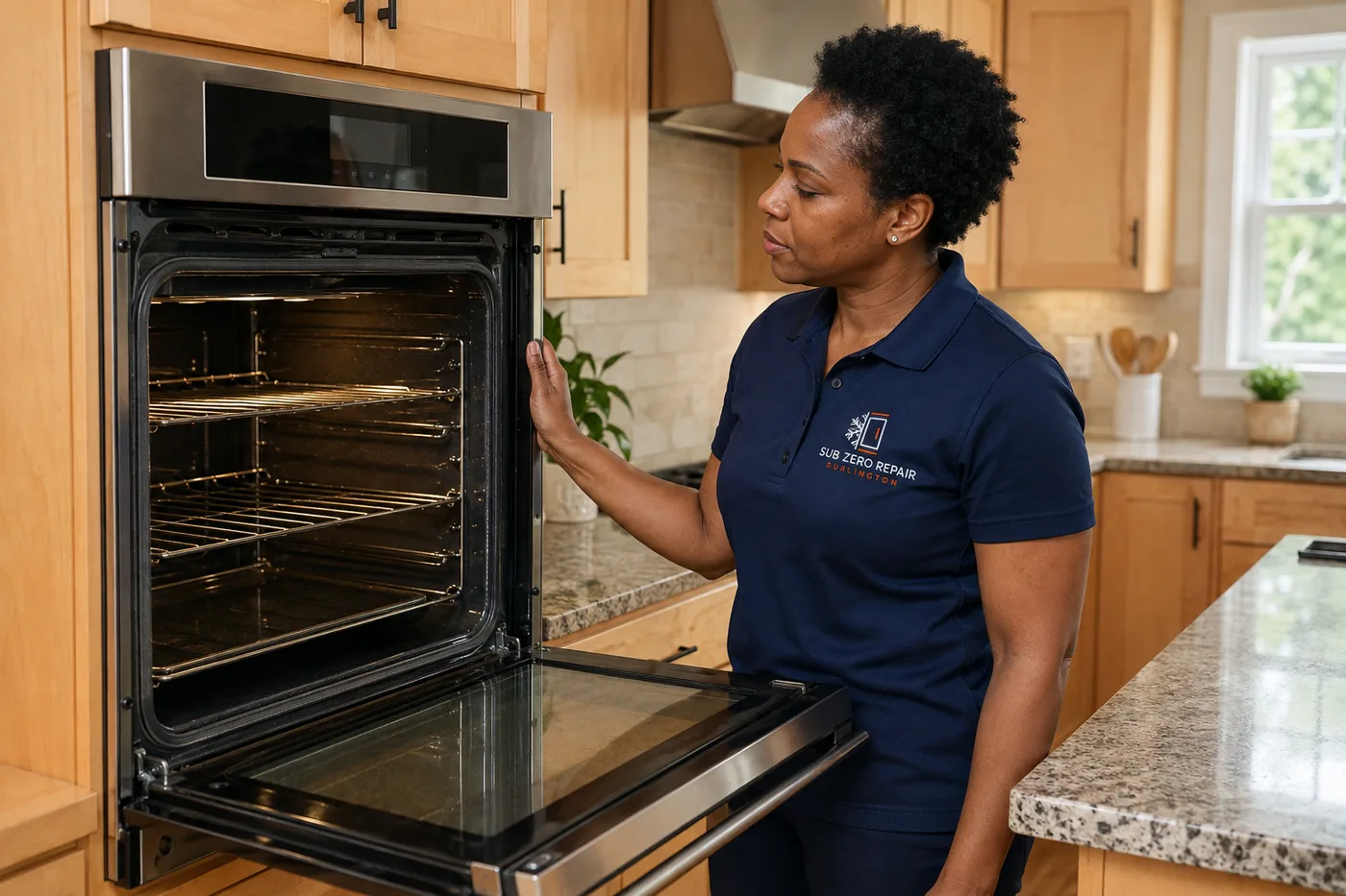Technician inspecting an oven in a residential kitchen