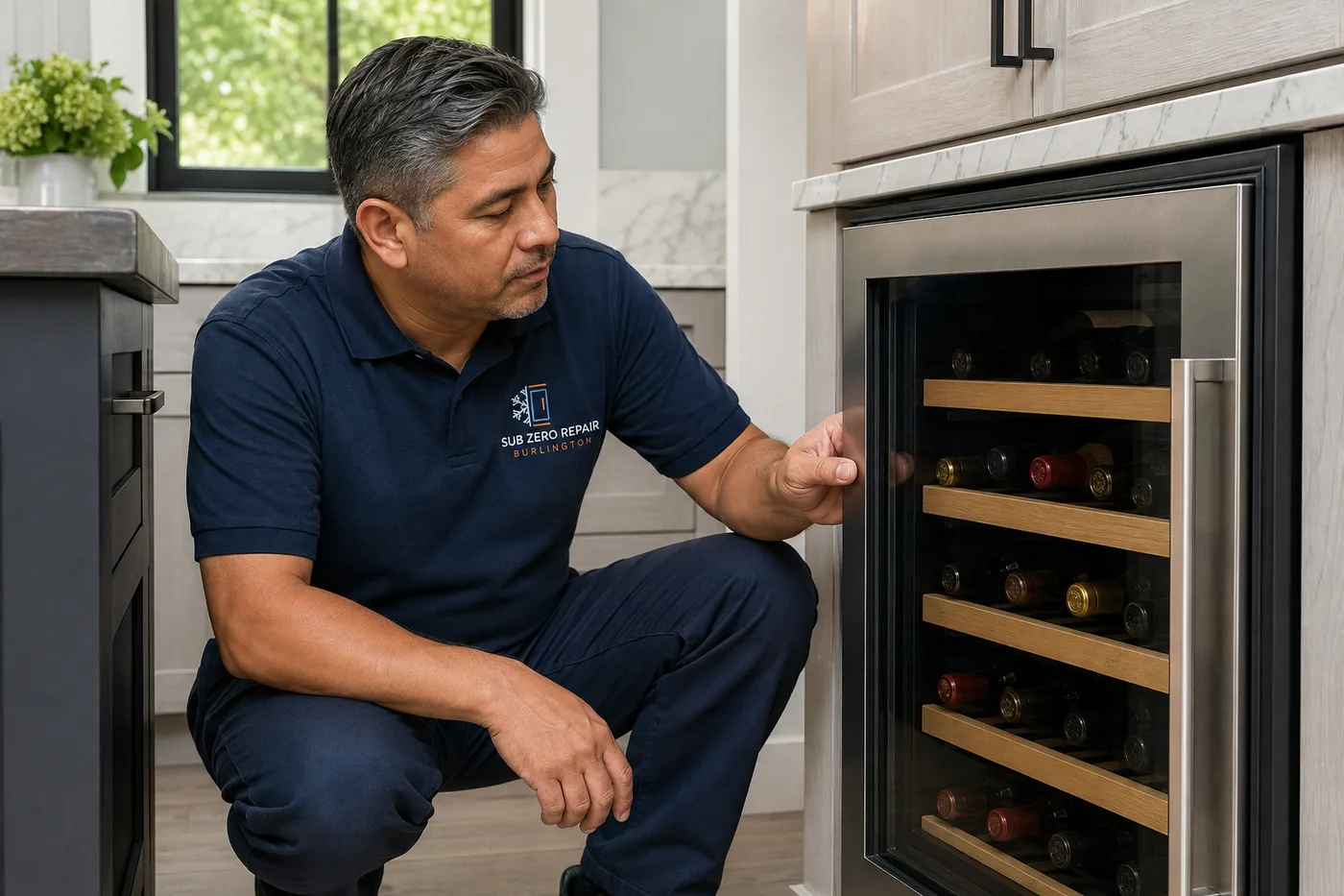 Technician inspecting a premium appliance in a residential kitchen