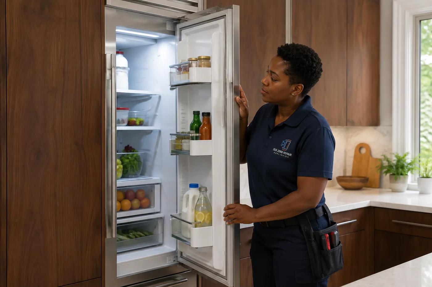 Technician inspecting a premium appliance in a residential kitchen