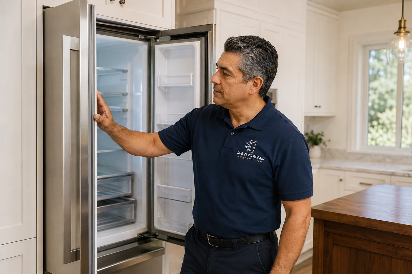 Technician inspecting a refrigerator in a residential kitchen