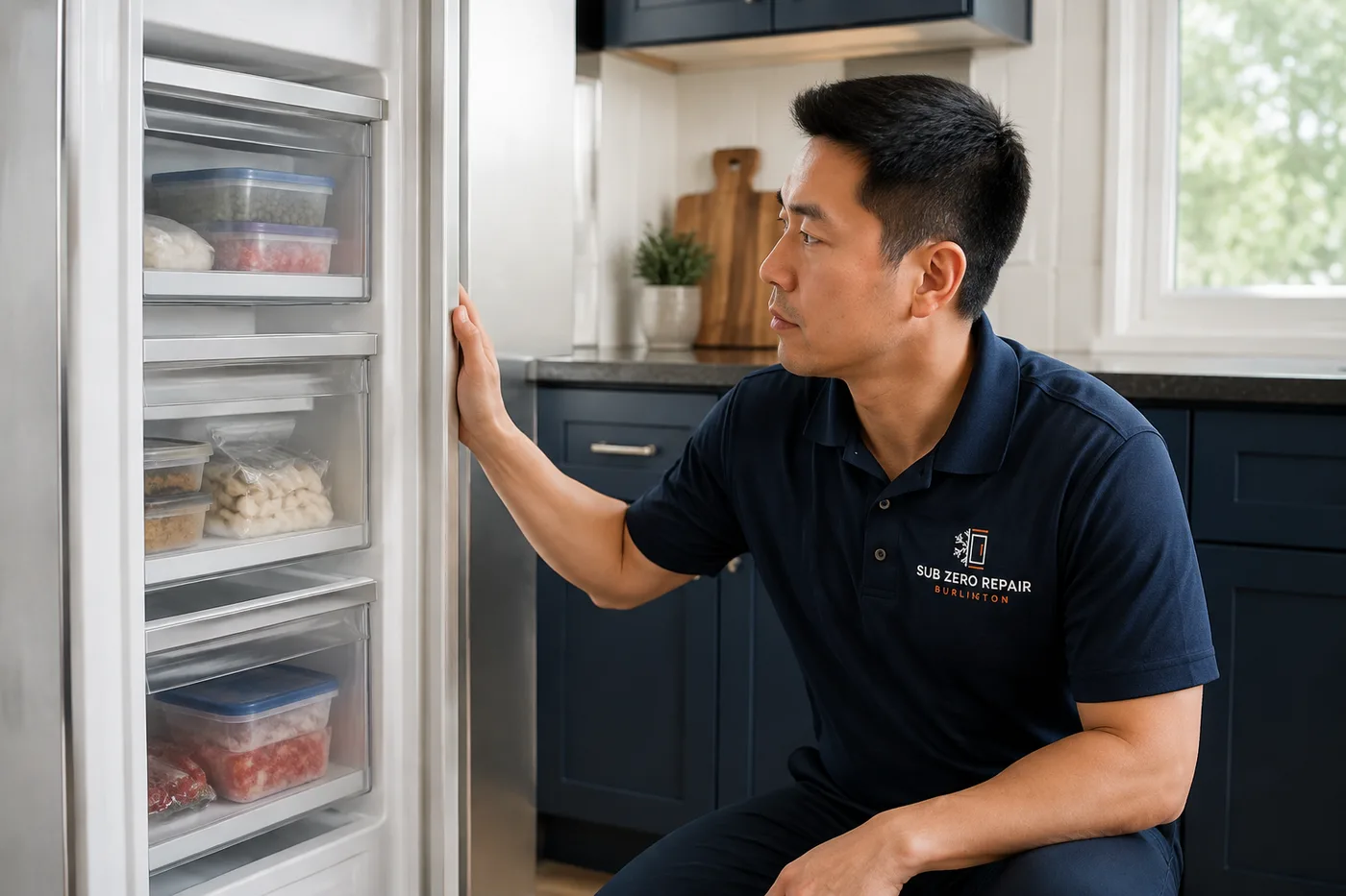Technician inspecting a premium appliance in a residential kitchen