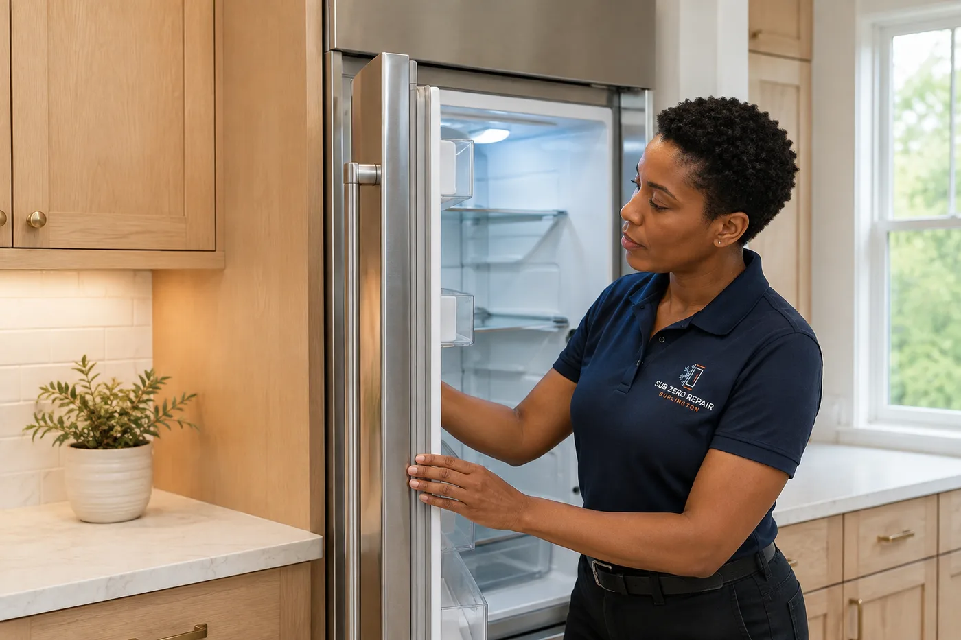 Technician inspecting a premium appliance in a residential kitchen