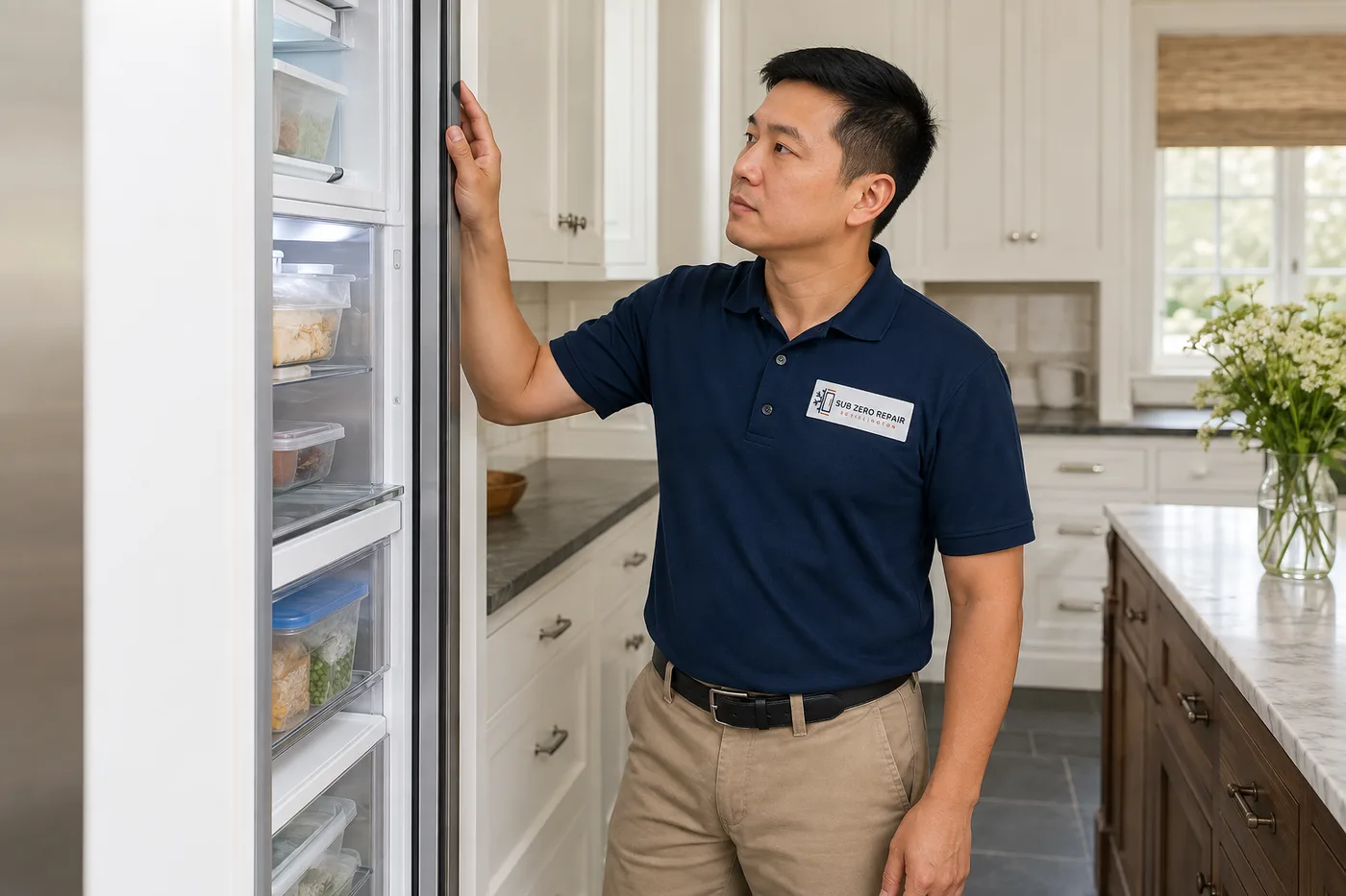 Technician inspecting a premium appliance in a residential kitchen