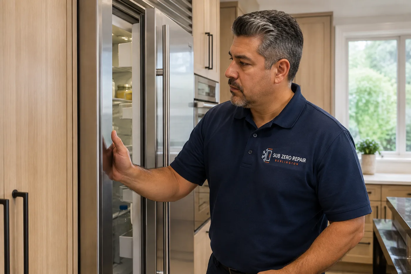 Technician inspecting a refrigerator in a residential kitchen