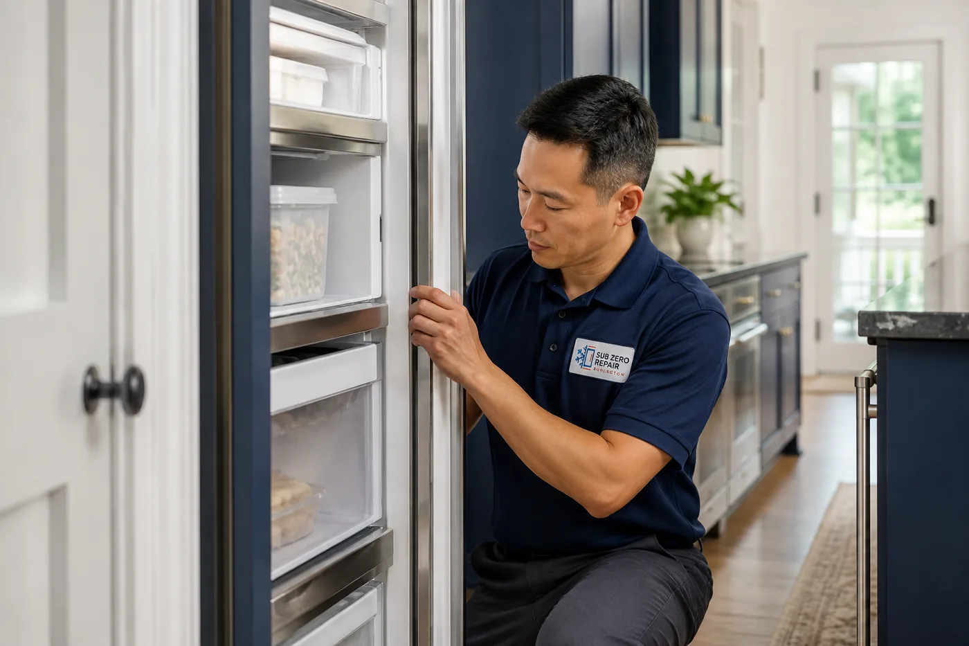 Technician inspecting a premium appliance in a residential kitchen