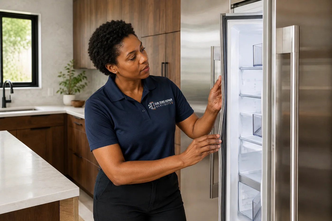 Technician inspecting a premium appliance in a residential kitchen