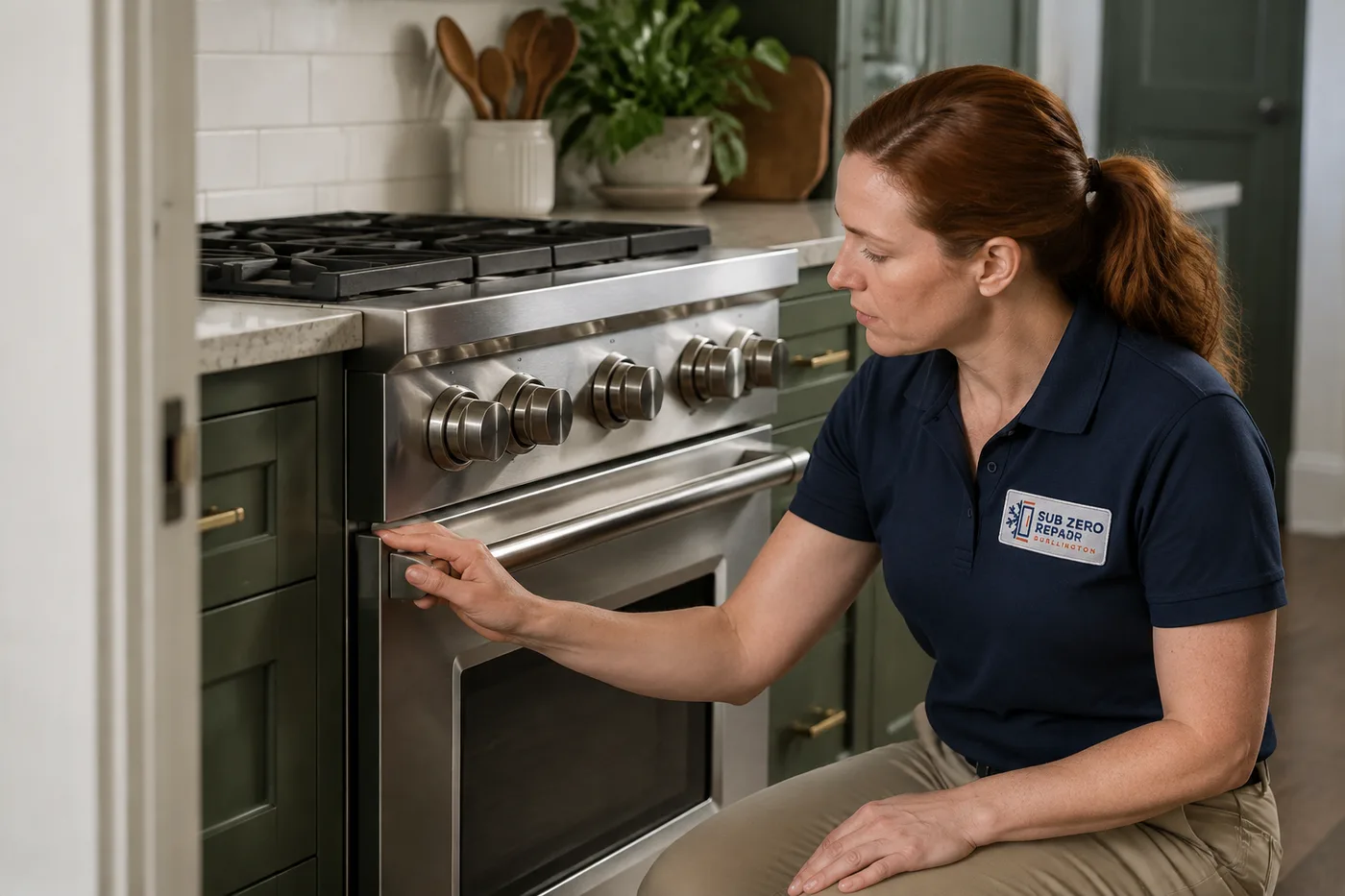 Technician inspecting a range in a residential kitchen
