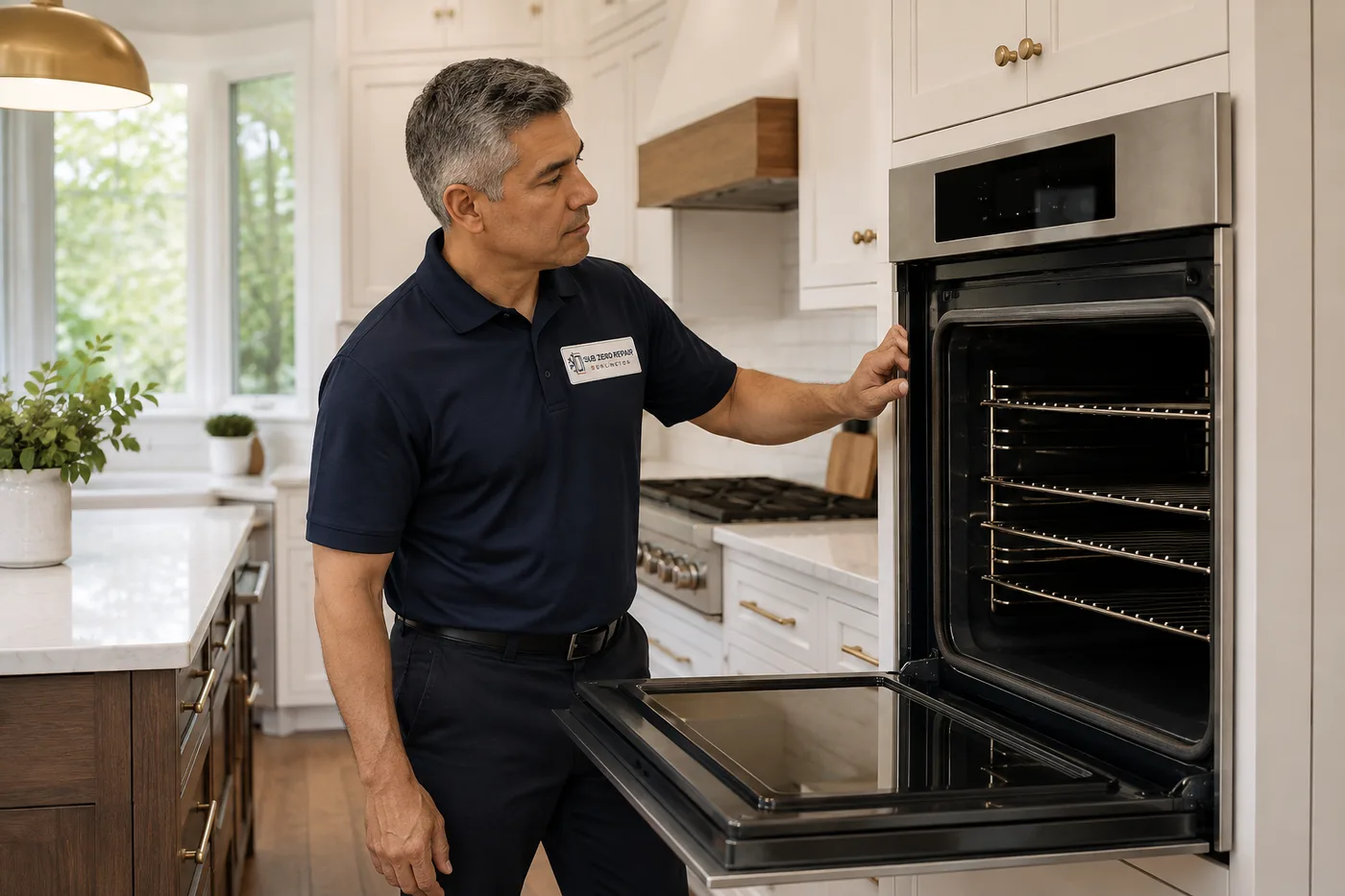 Technician inspecting a cooking appliance in a residential kitchen