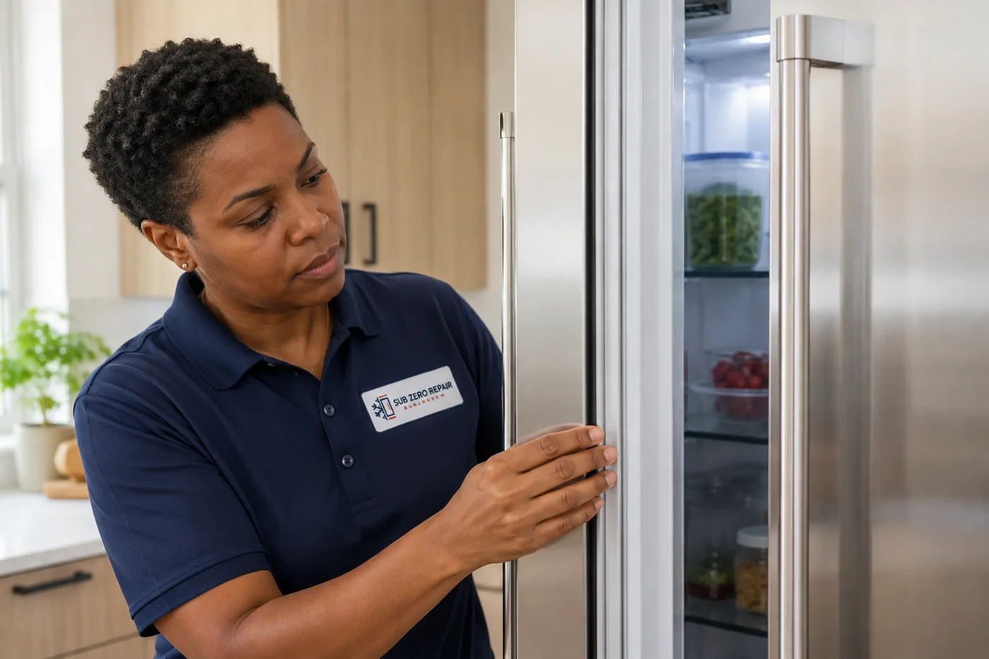 Technician inspecting a premium appliance in a residential kitchen