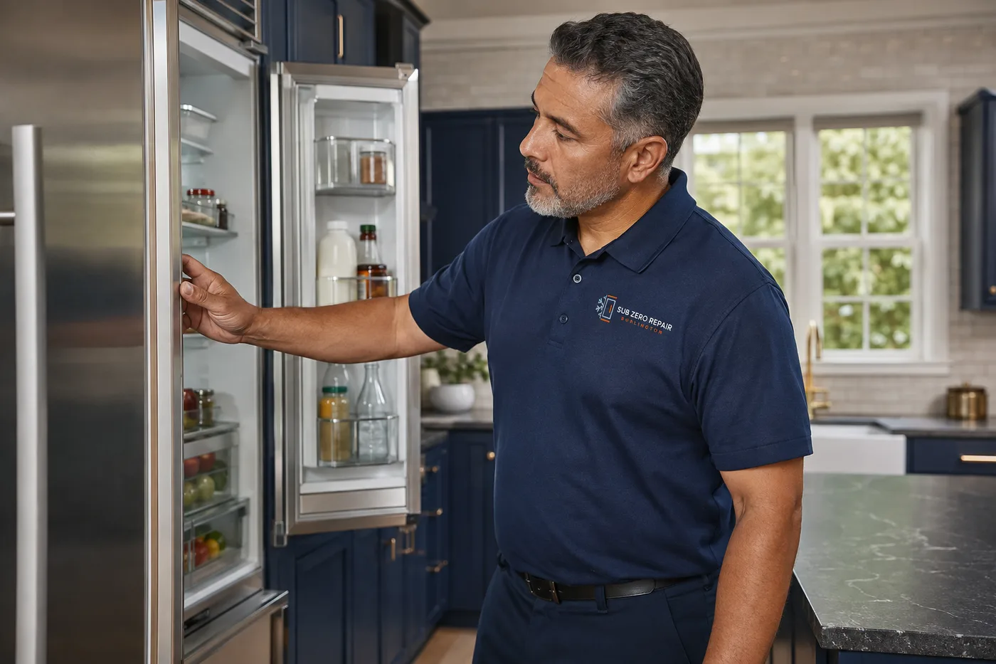 Technician inspecting a refrigerator in a residential kitchen
