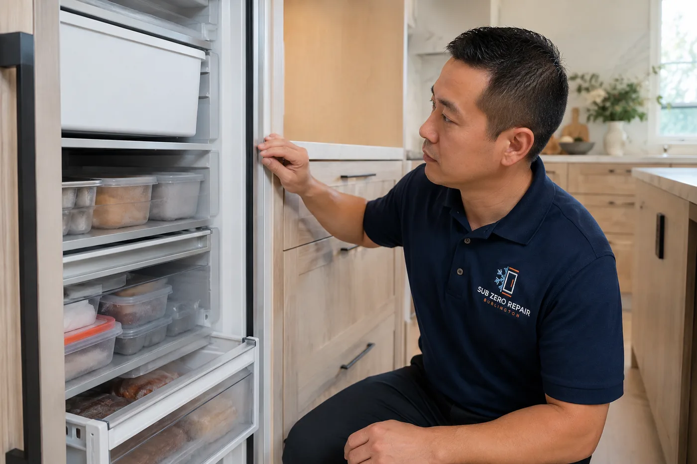 Technician inspecting a premium appliance in a residential kitchen