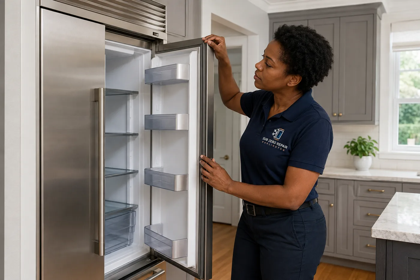 Technician inspecting a premium appliance in a residential kitchen