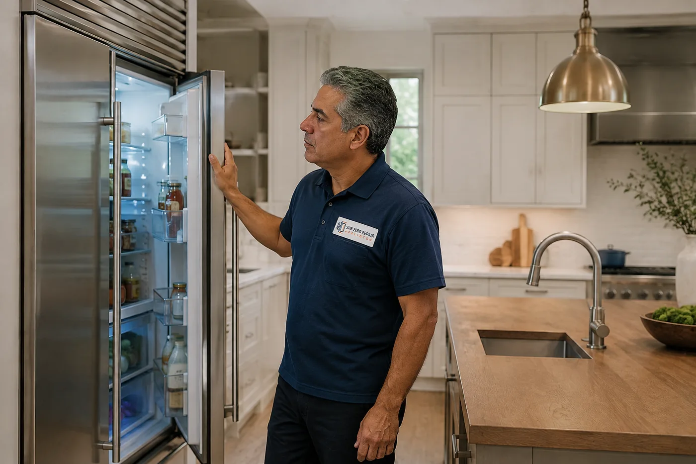 Technician inspecting a premium appliance in a residential kitchen