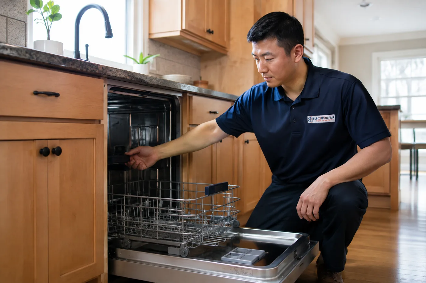 Technician inspecting a premium appliance in a residential kitchen