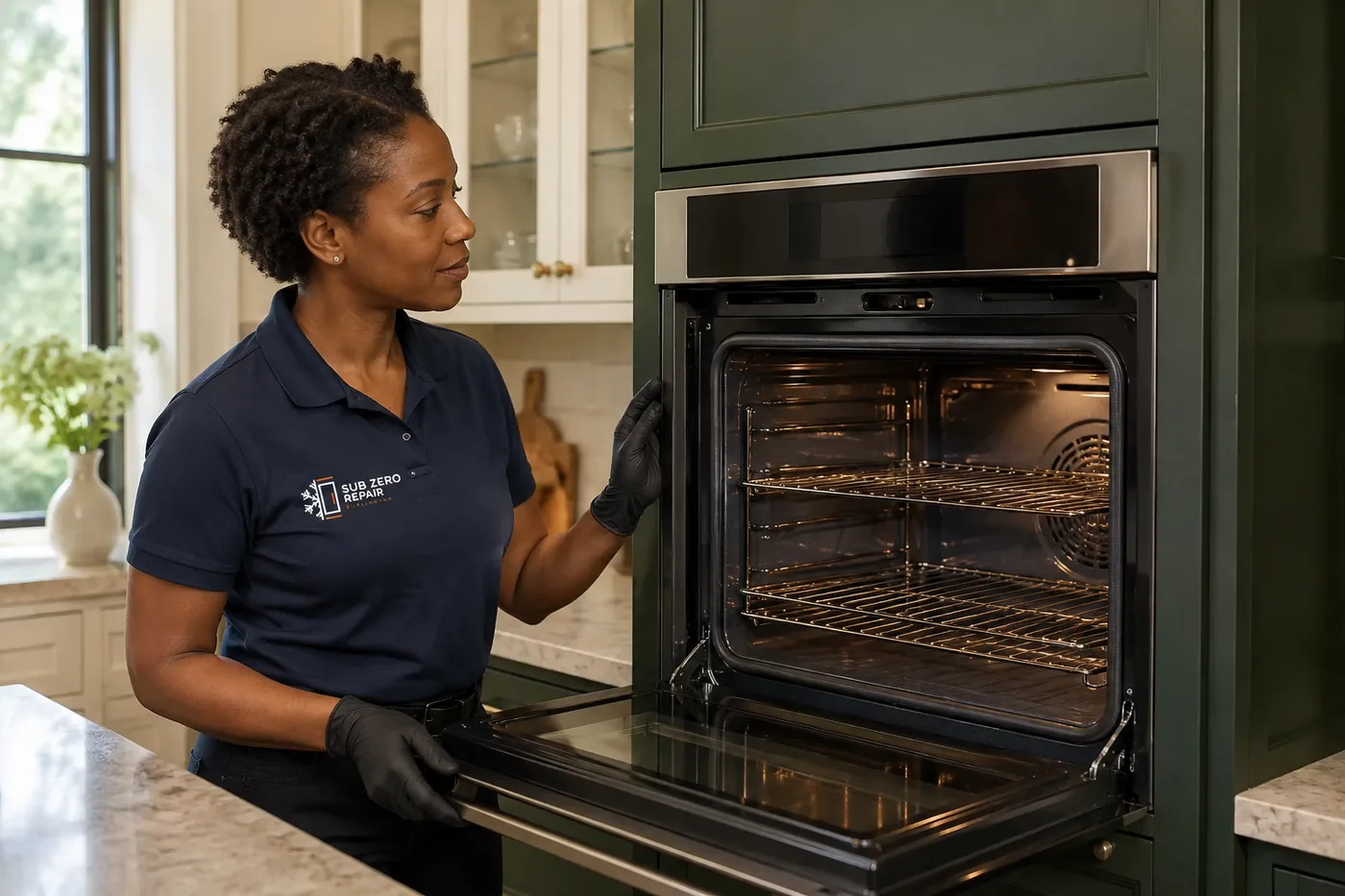 Technician inspecting a cooking appliance in a residential kitchen