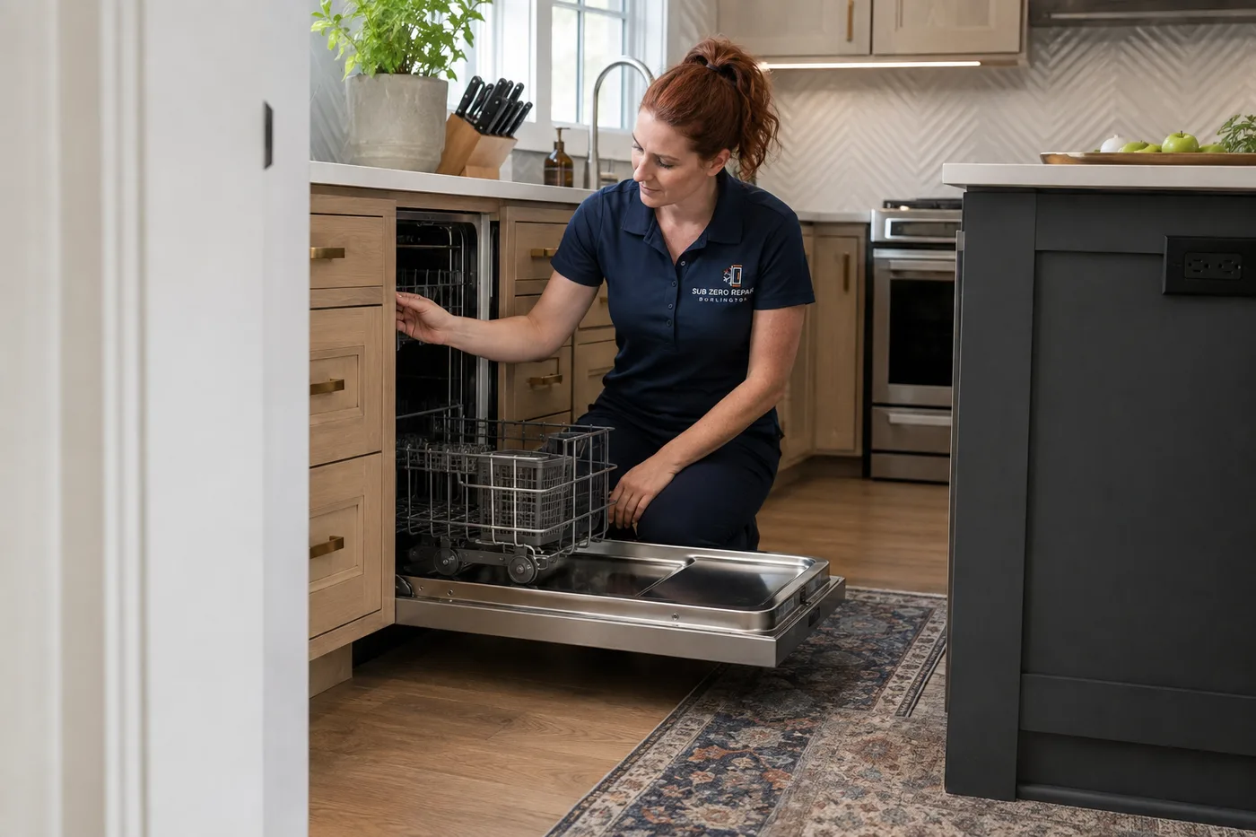 Technician inspecting a premium appliance in a residential kitchen