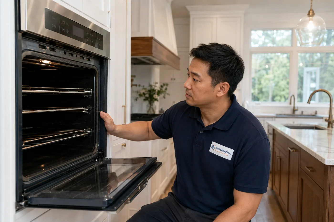 Technician inspecting a premium appliance in a residential kitchen