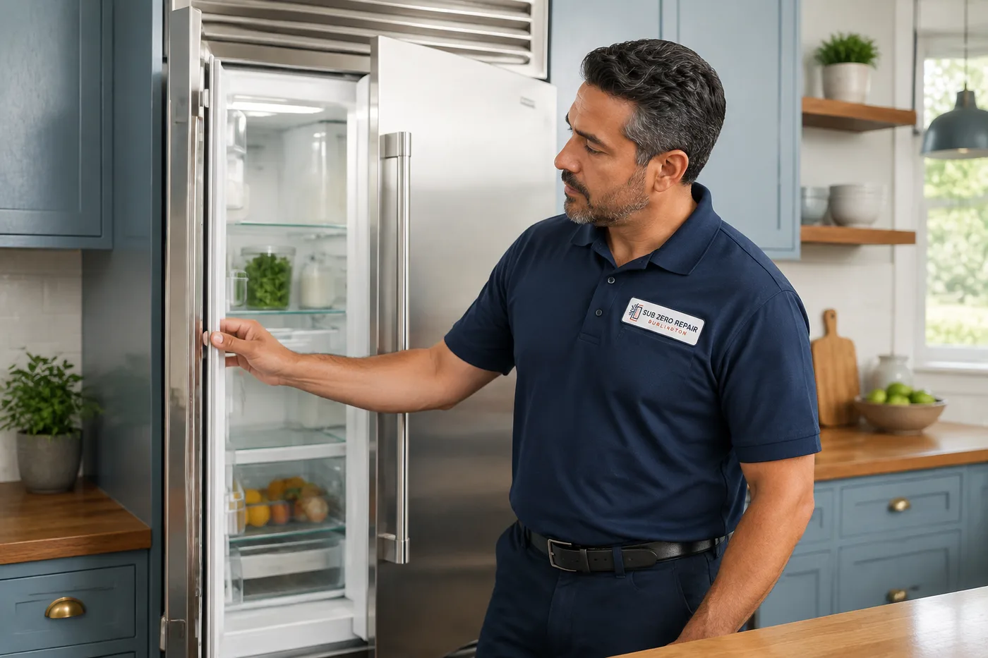 Technician inspecting a refrigerator in a residential kitchen