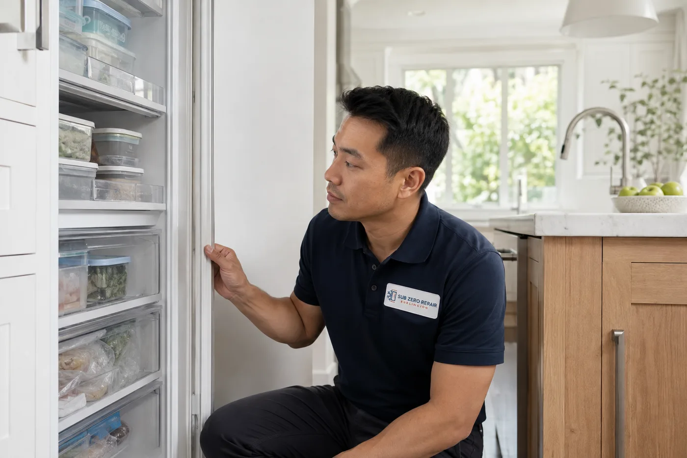 Technician inspecting a premium appliance in a residential kitchen