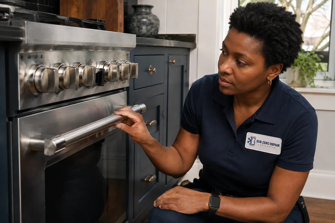 Technician inspecting a premium appliance in a residential kitchen