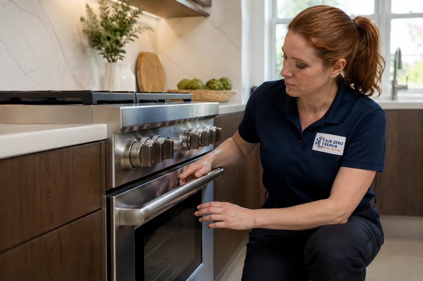 Technician inspecting a range in a residential kitchen