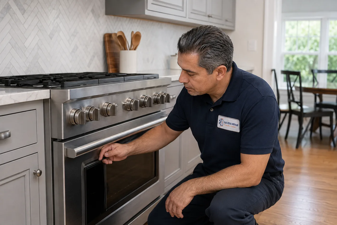 Technician inspecting a cooking appliance in a residential kitchen