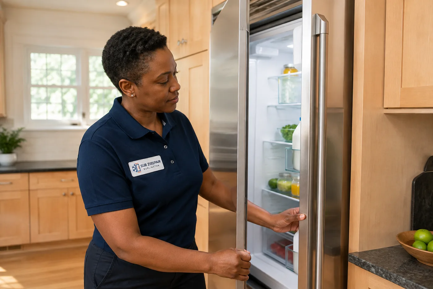 Technician inspecting a premium appliance in a residential kitchen