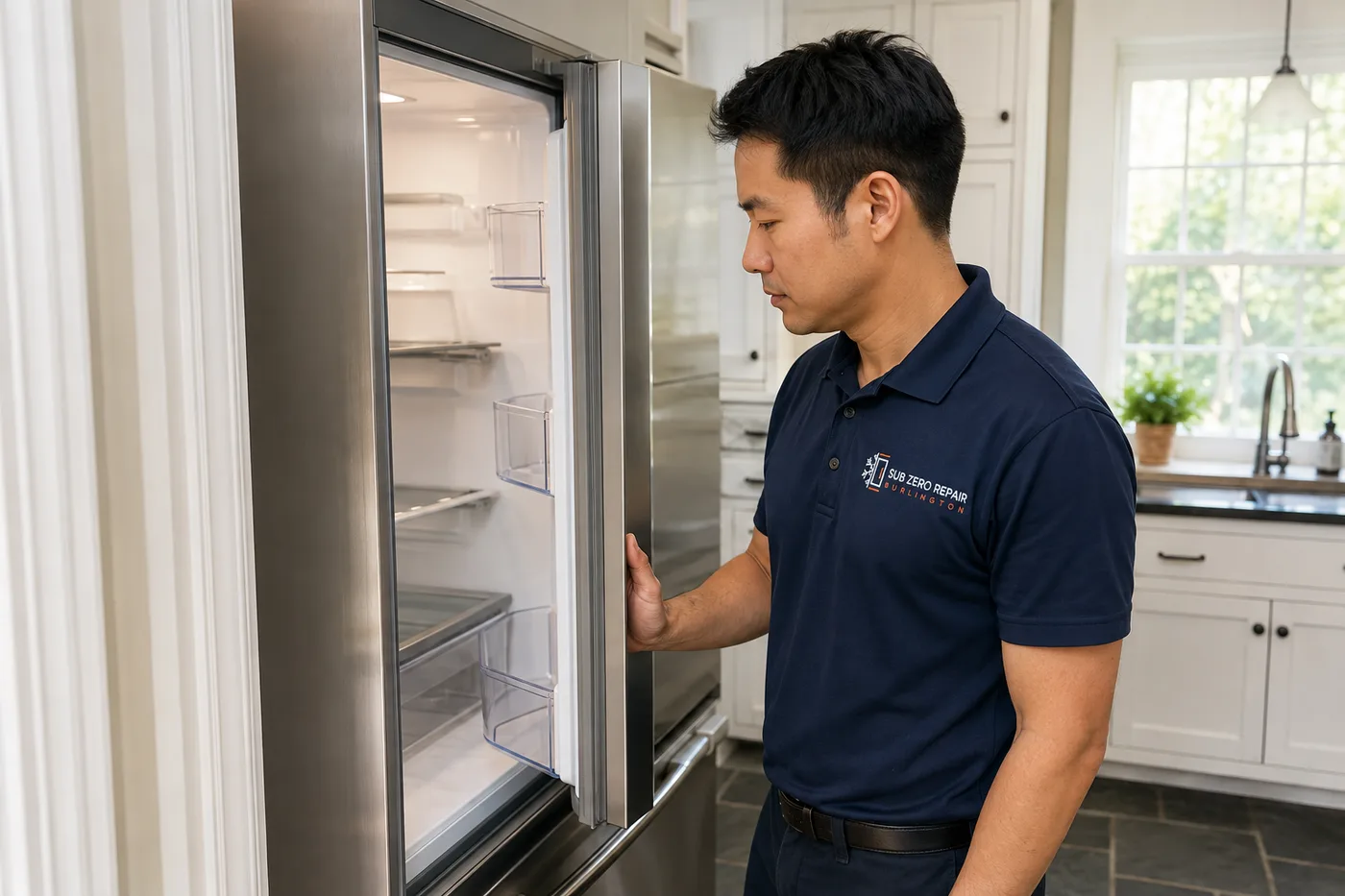 Technician inspecting a refrigerator in a residential kitchen