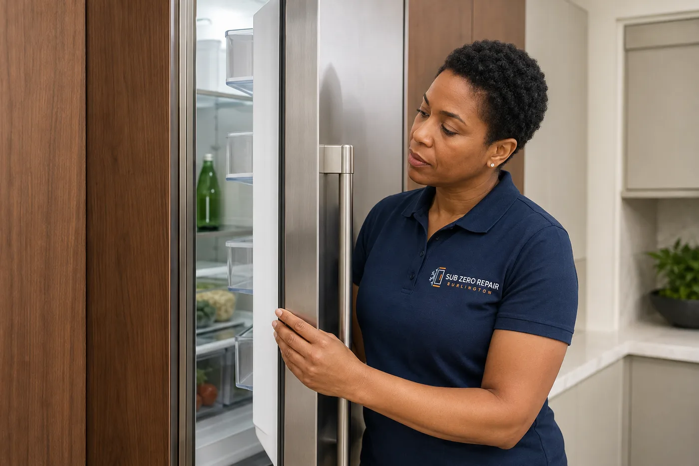 Technician inspecting a premium appliance in a residential kitchen