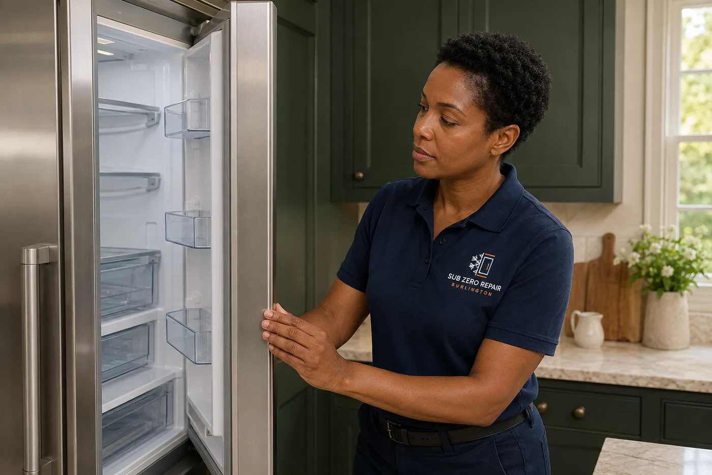 Technician inspecting a refrigerator in a residential kitchen