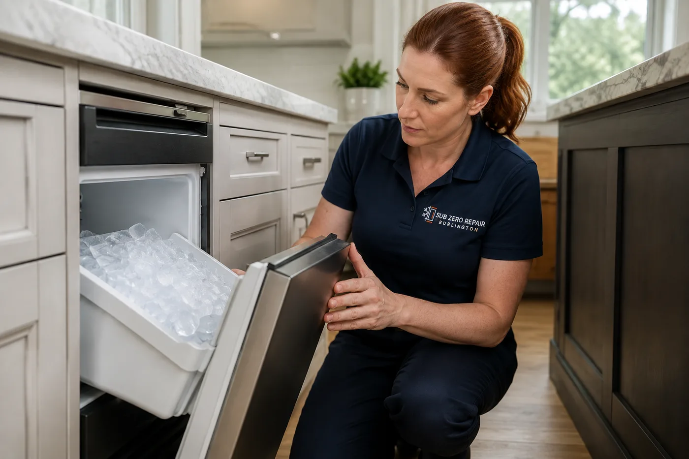 Technician inspecting a premium appliance in a residential kitchen