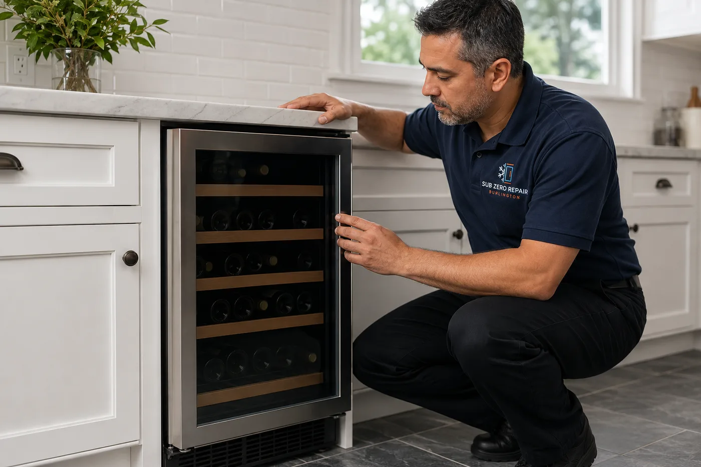 Technician inspecting a premium appliance in a residential kitchen