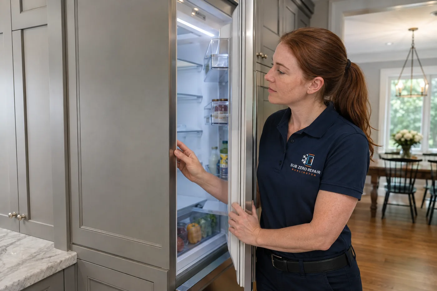 Technician inspecting a refrigerator in a residential kitchen