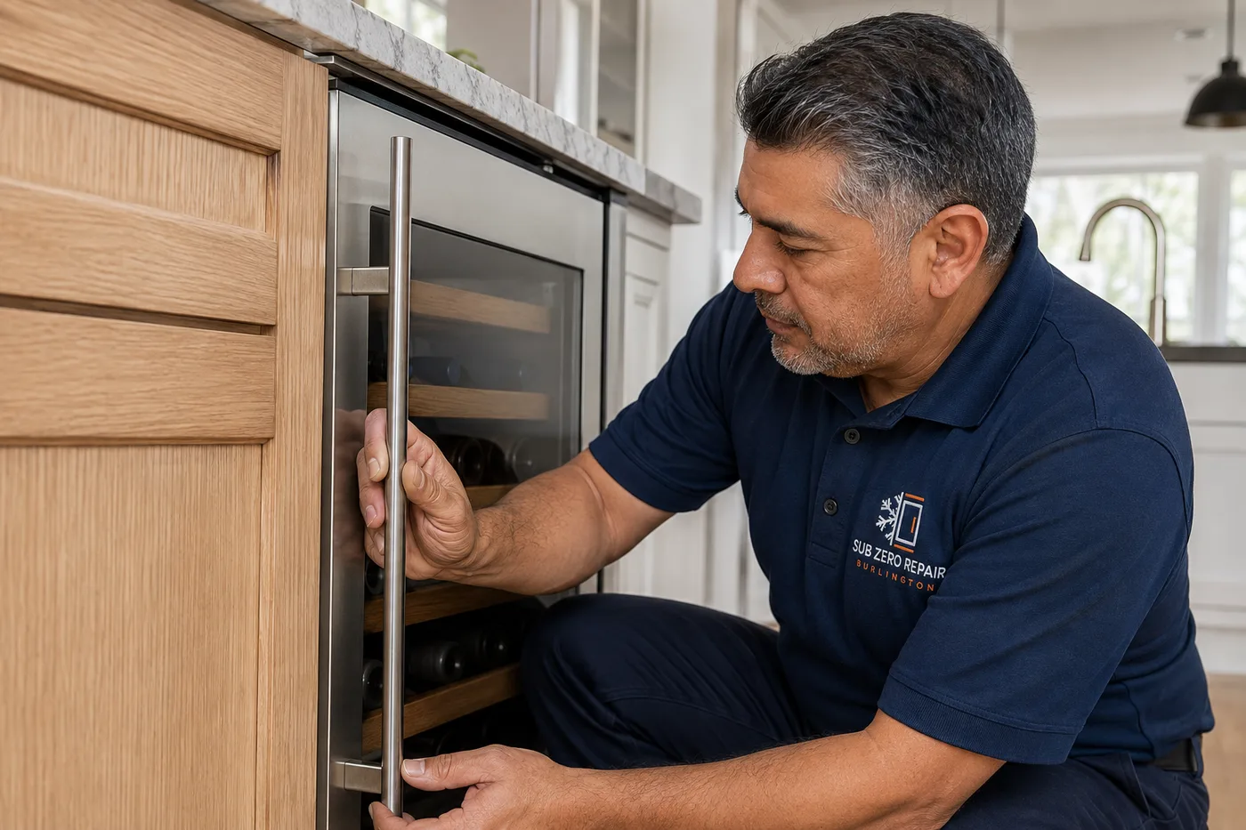 Technician inspecting a premium appliance in a residential kitchen